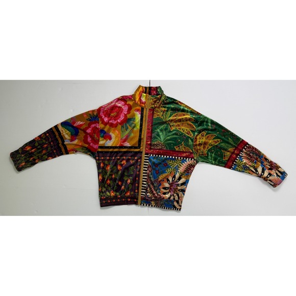 FARM Rio "Mixed Scarves" Velour Bomber Jacket Women's S Tropical Patchwork - Picture 8 of 16